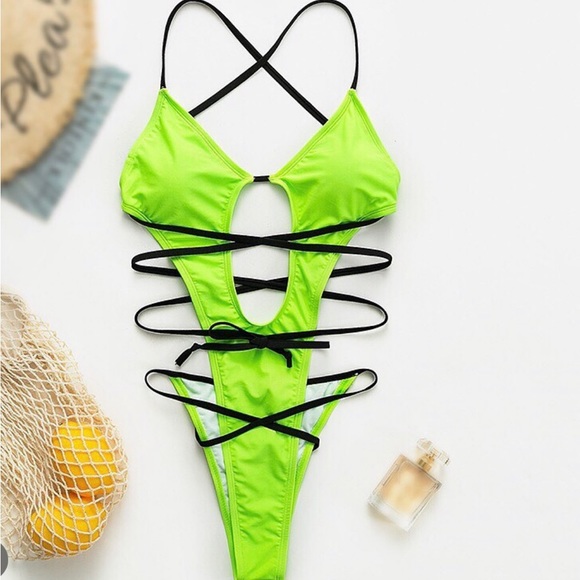Brand New(Never Worn) One Piece Neon Green Bandage thong Swimsuit - SUMMER READY - Picture 1 of 3